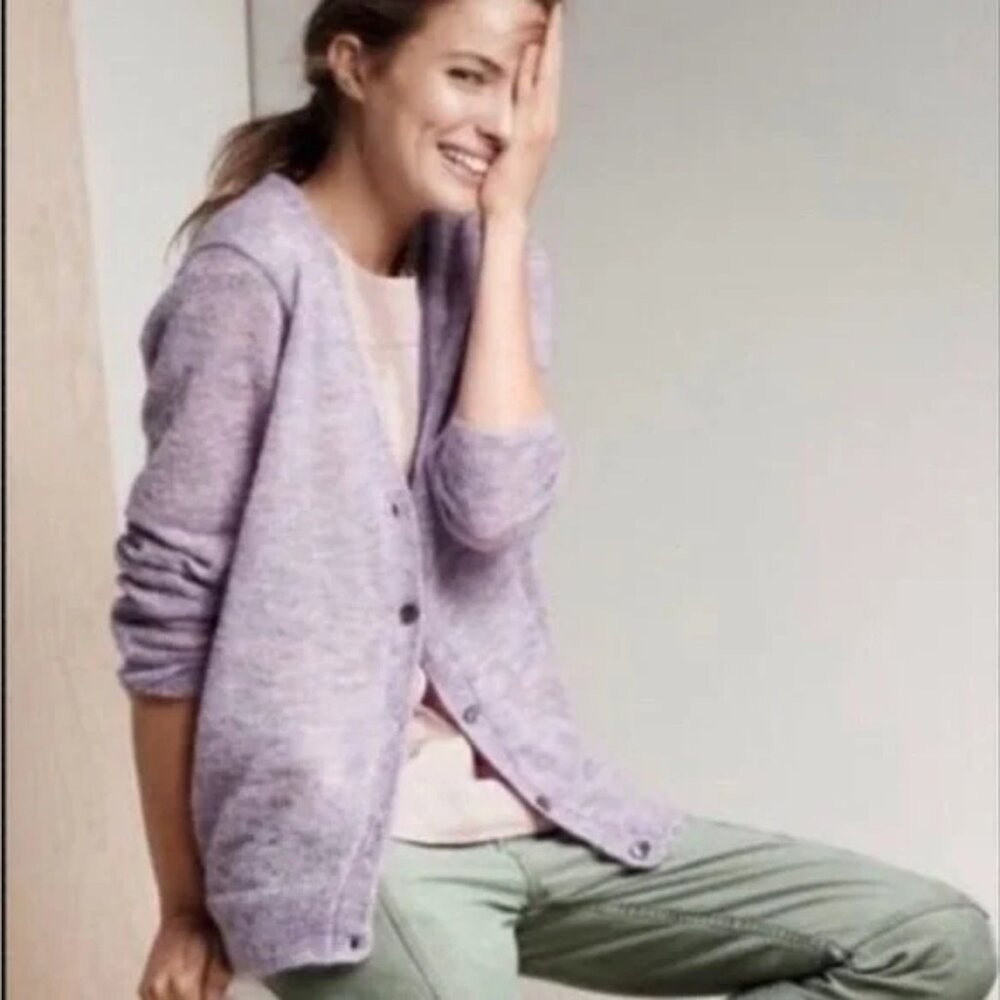 J. Crew Cardigan Sweater Women's Size L Purple Kid Mohair Button Front V-Neck